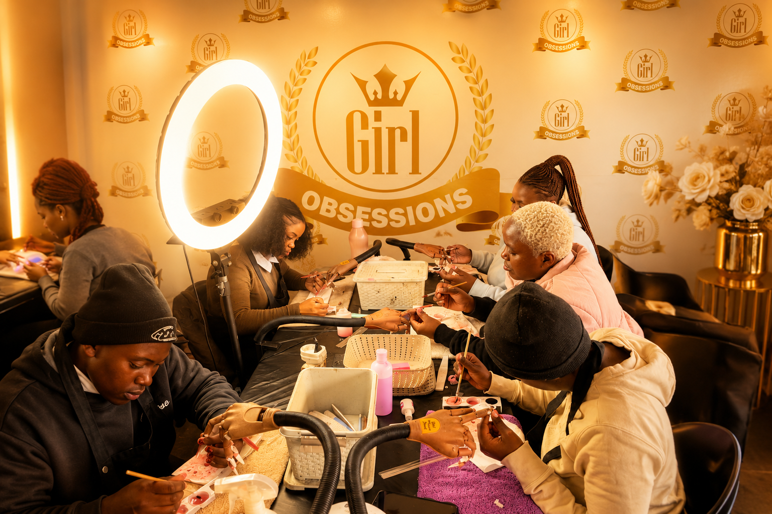 Girl Obsessions students training in the Alberton nail studio under the Girl Obsessions branded backdrop