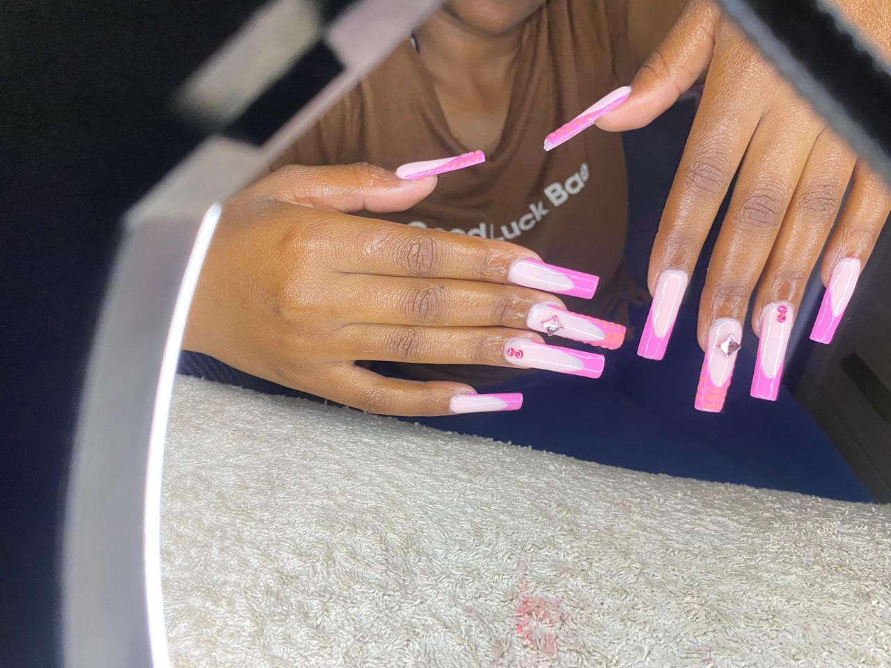 Pink French tip long coffin nail set with rhinestones