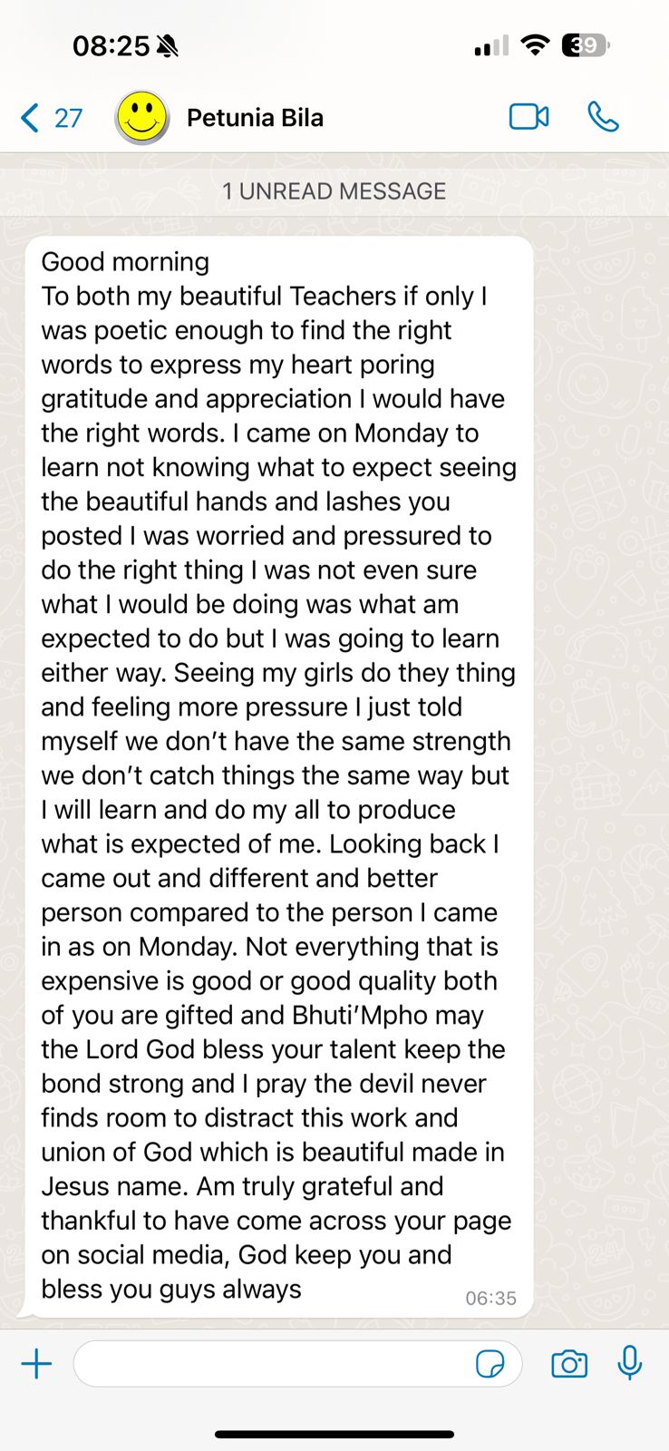 Petunia — heartfelt thank you to her Girl Obsessions teachers